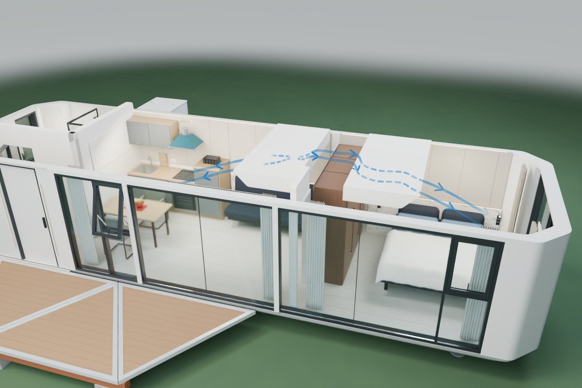 3D-Schnittansicht der MK I von außen mit Blick in Wohnküche und Schlafzimmer sowie schematischen Luftwegen in beide Räume