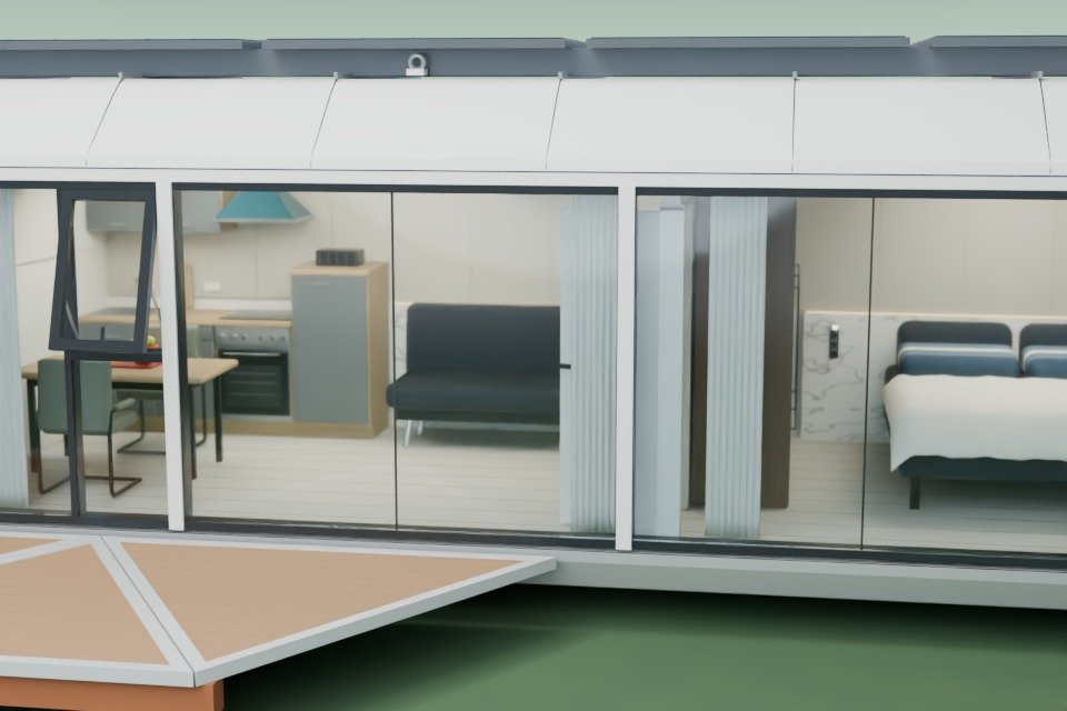 3D-Ansicht der motorisierten dunklen Vorhänge entlang der Fenster der MK I