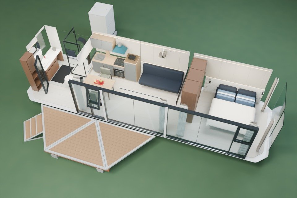 3D-Schnittansicht der MK I ohne eingeblendete Wärmedarstellung in Wohnküche, Schlafzimmer und Bad