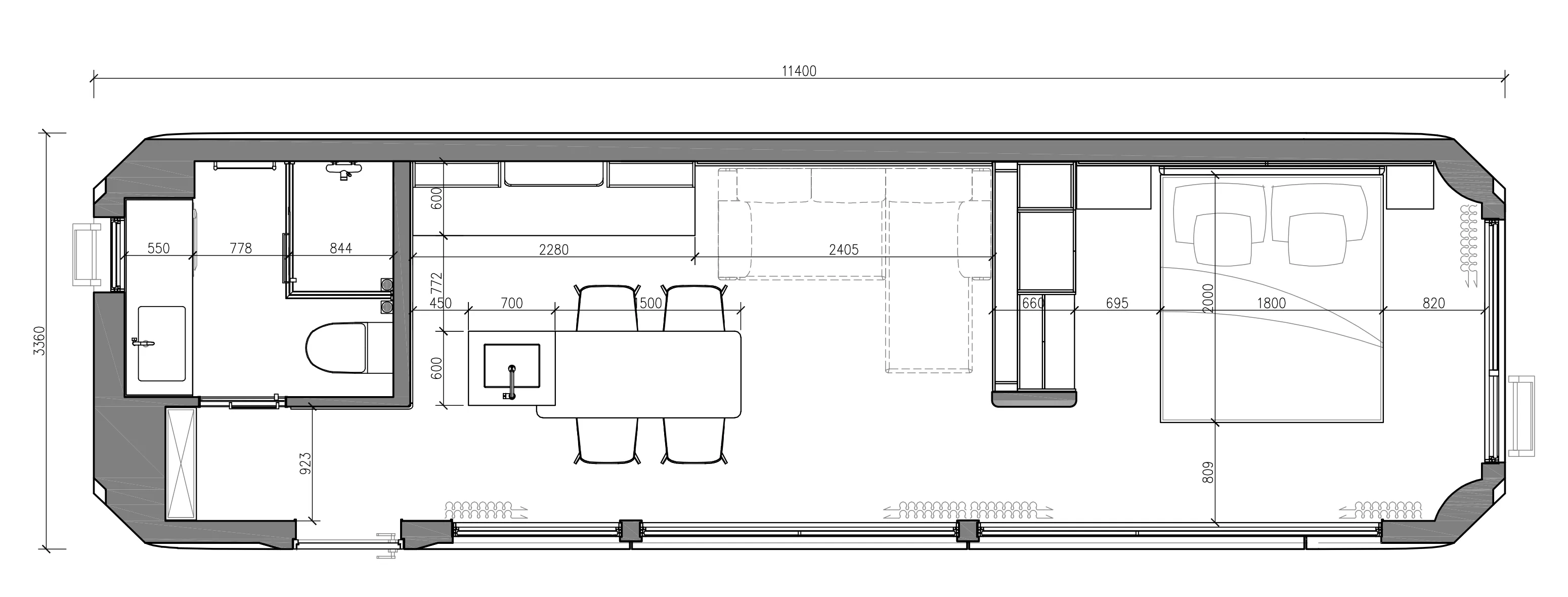 Grundriss der Wohnzelle MK I: Raumaufteilung mit Bemaßung, Außenmaße 11.400 mm × 3.360 mm