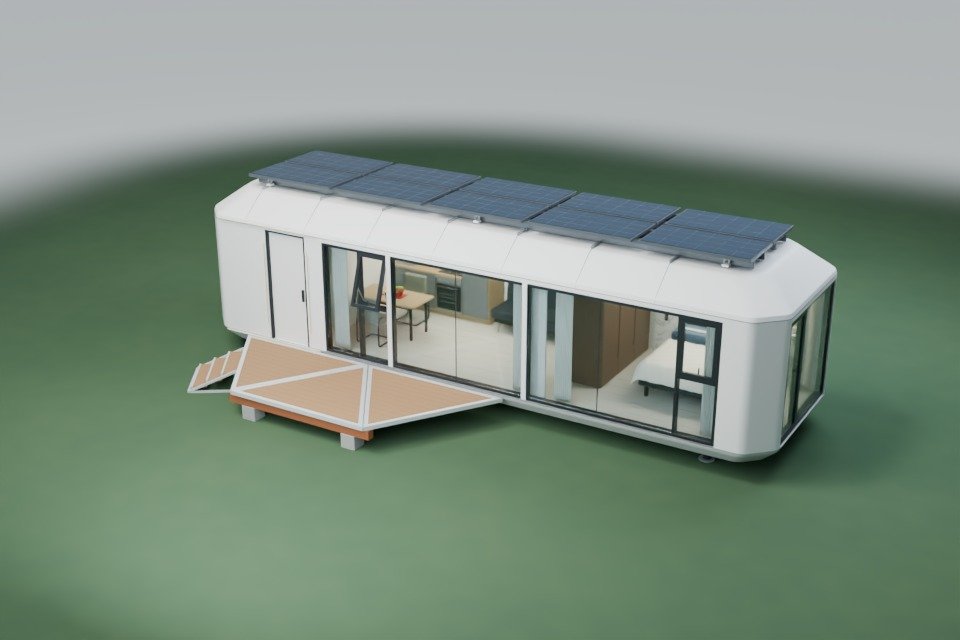 3D-Visualisierung der vollständigen Wohnzelle MK I mit Solarmodulen auf dem Dach und ausgeklappter Terrasse